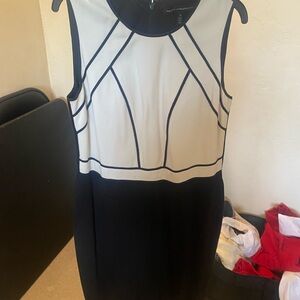 White House Black Market Cream and Black Sheath Dress Sleeveless Crew Neck Midi